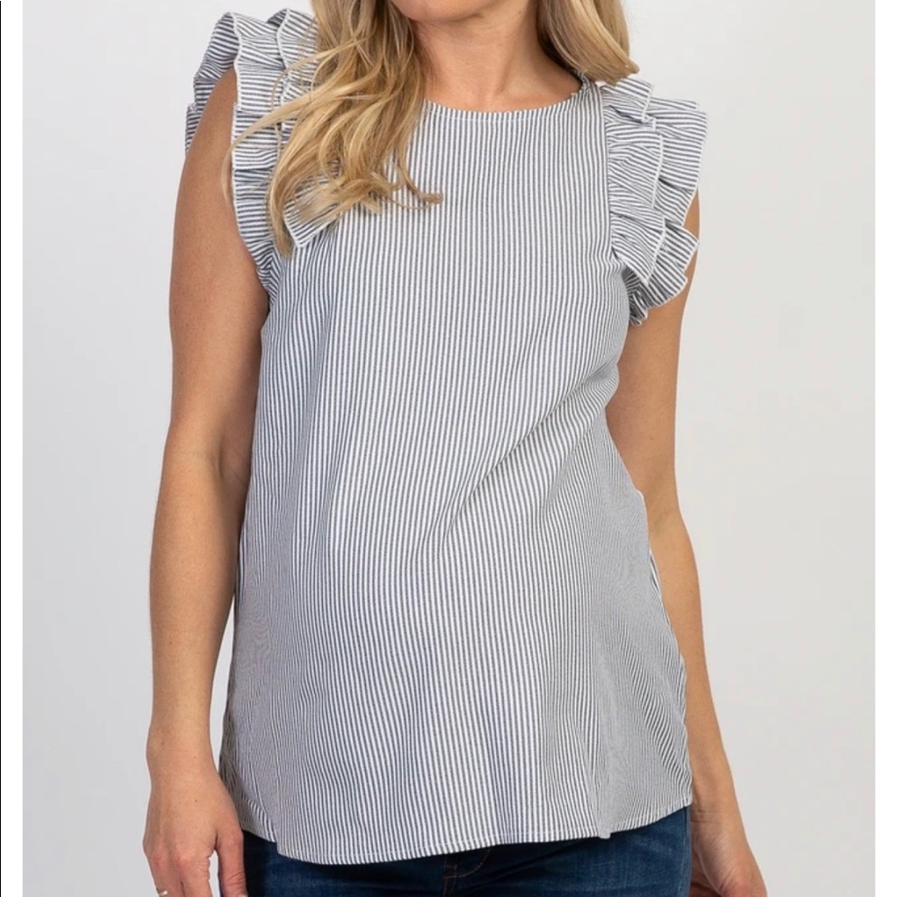 Grey Pinstriped Ruffle Sleeve Maternity Top